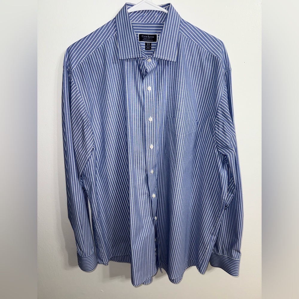 Club Room Men's  Regular Fit Performance Blue Striped Dress Shirt Sz 17.5/36-37